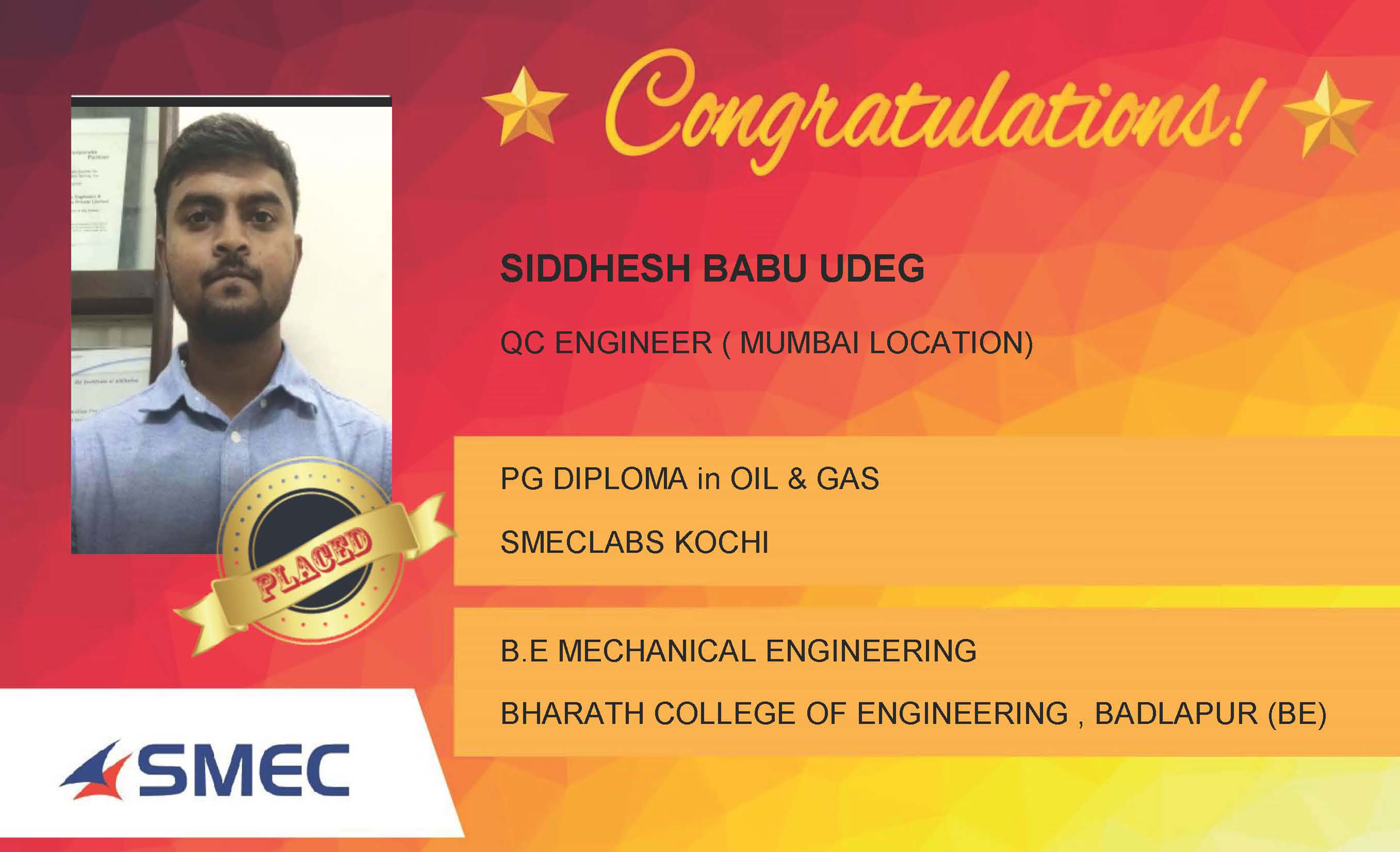 Siddhesh Babu Udeg Placed Successfully QC Engineer