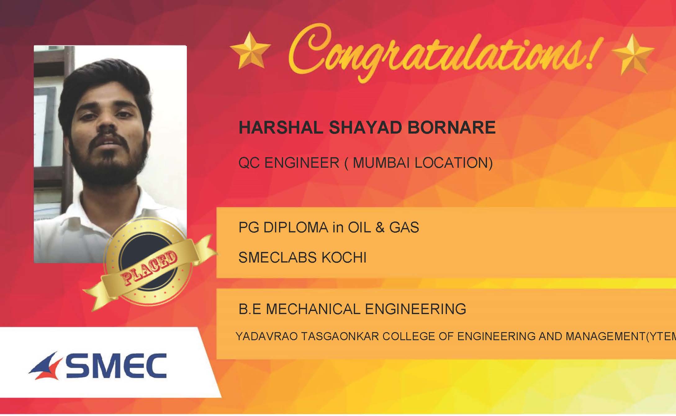 Harshal Shayad Bornare Placed Successfully QC Engineer