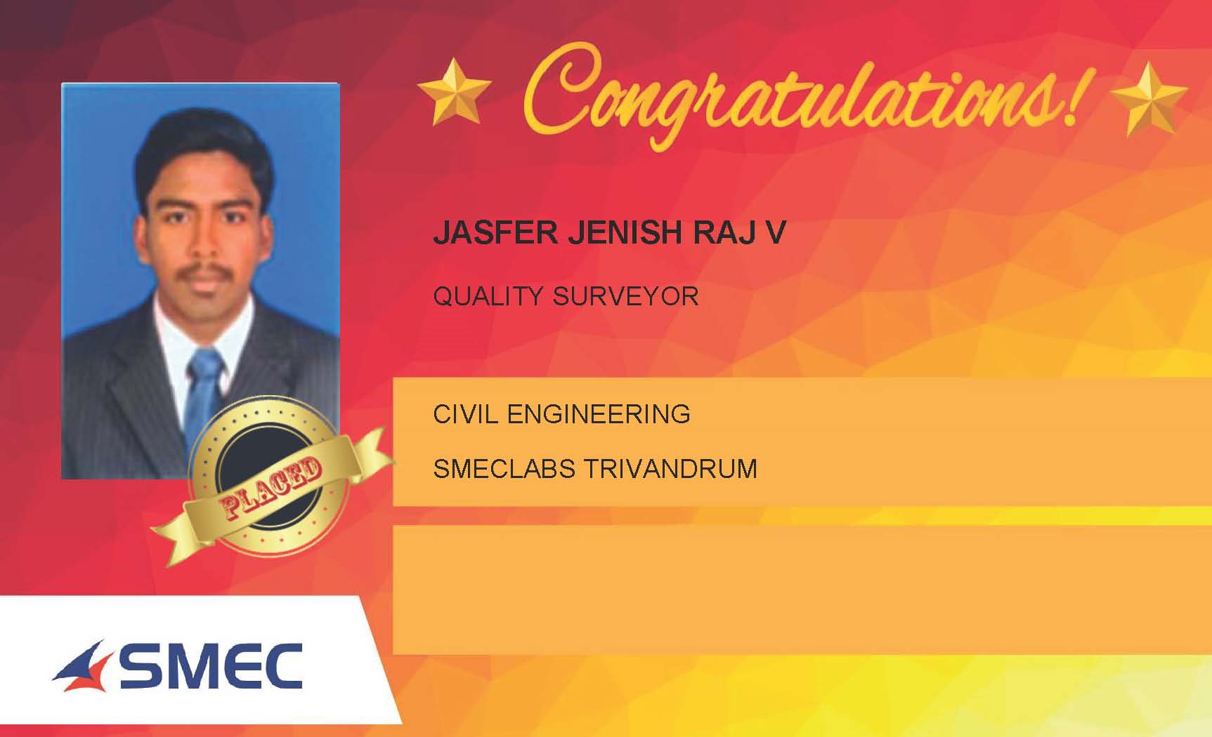 Jasfer Jenish Raj V Placed Successfully Quality Surveyor