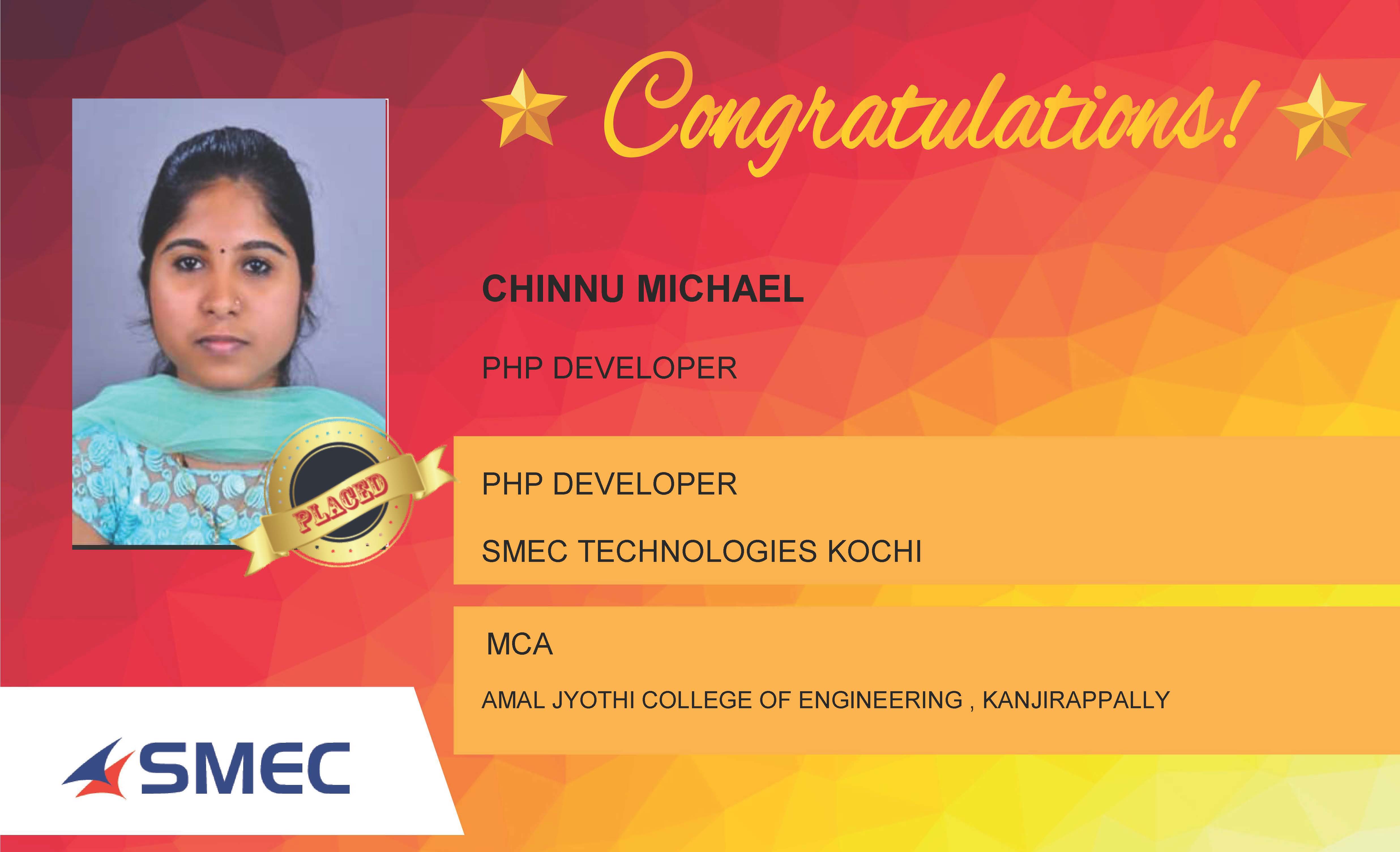 Chinnu Michael Placed Successfully PHP Developer
