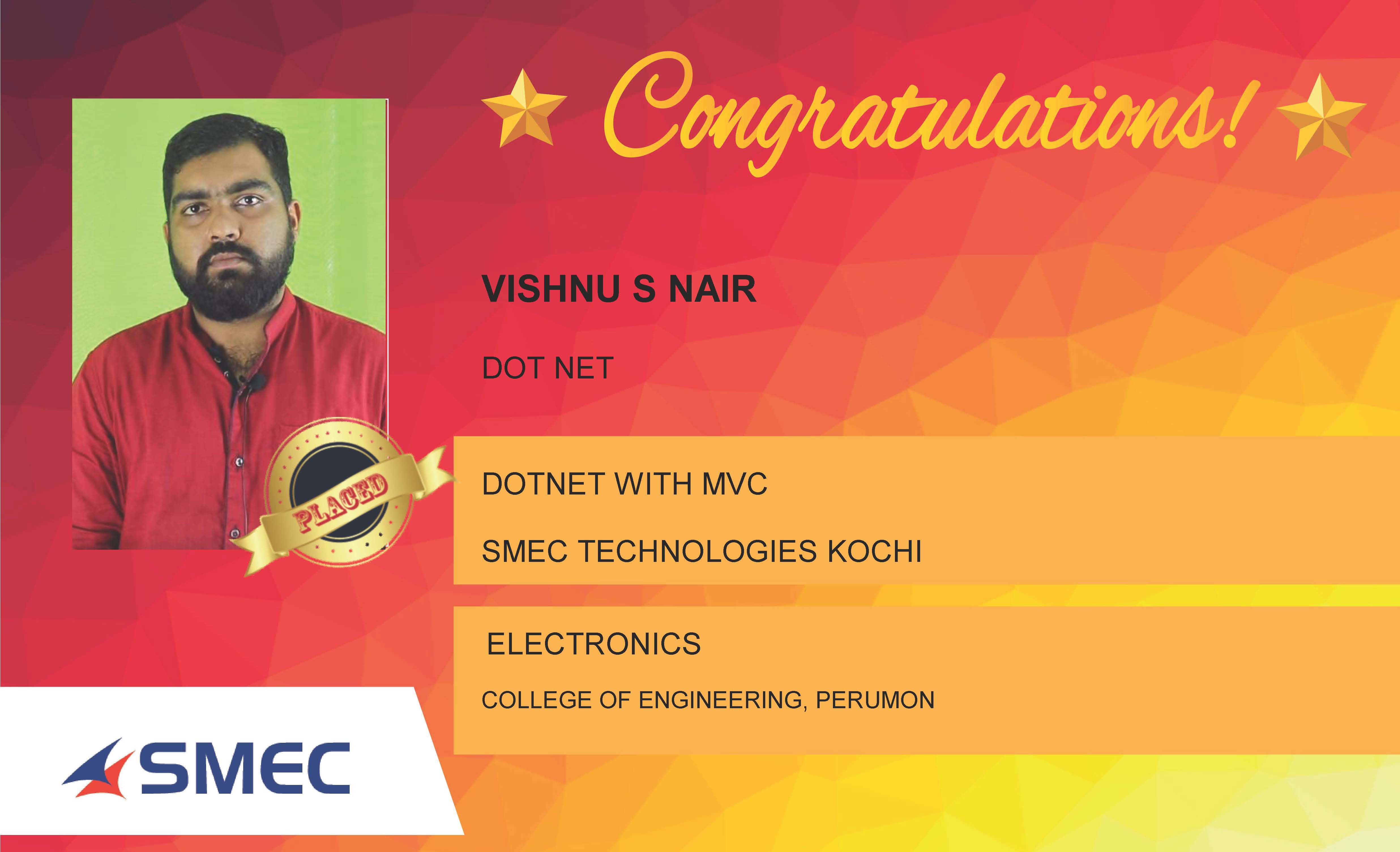 Vishnu S Nair Placed Successfully DOTNET With MVC