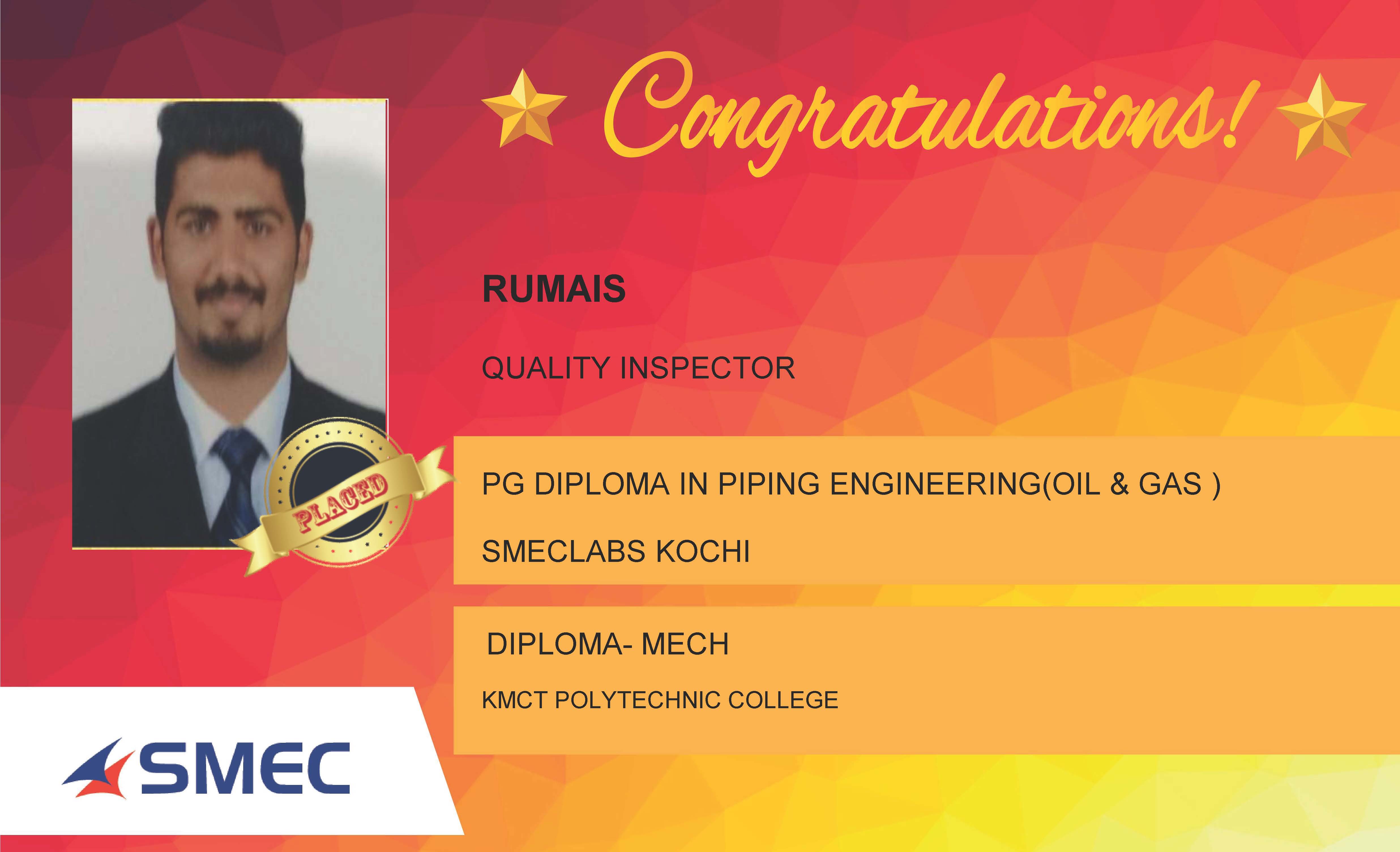Rumais Placed Successfully Production Engineer