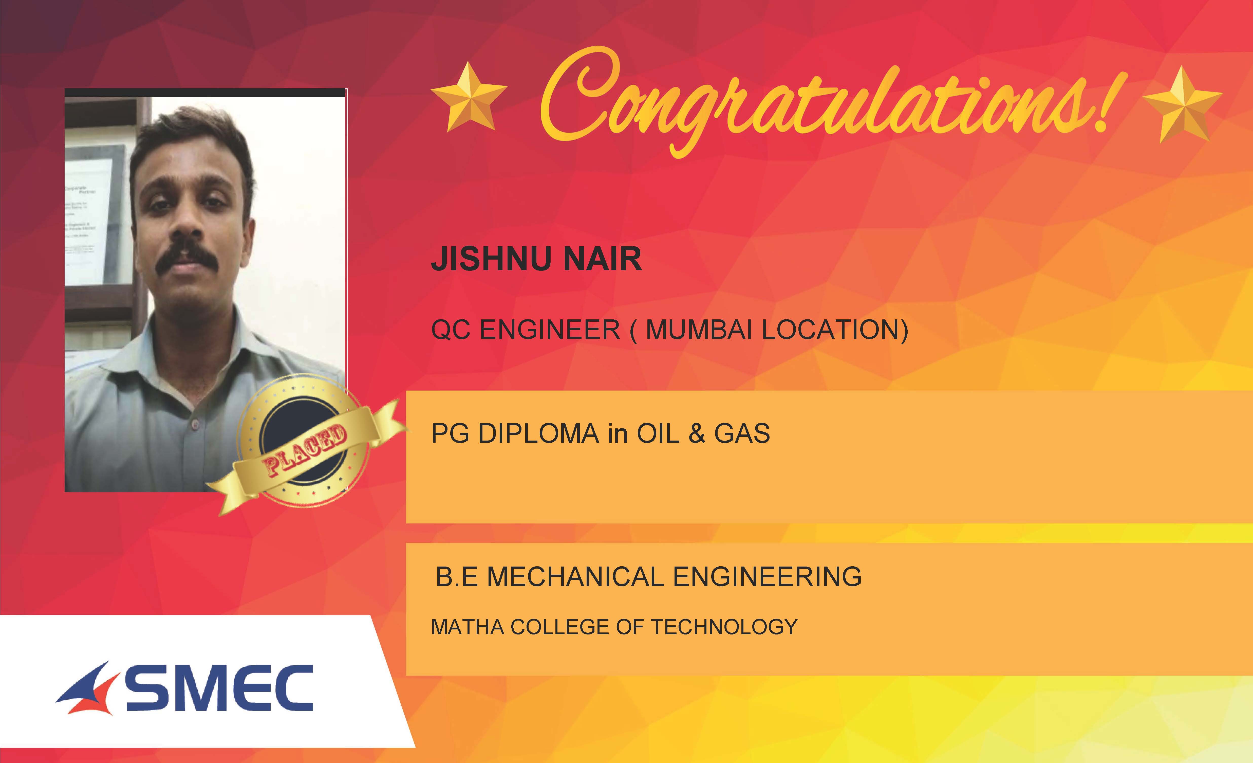 Jishnu Nair Placed Successfully QC Engineer