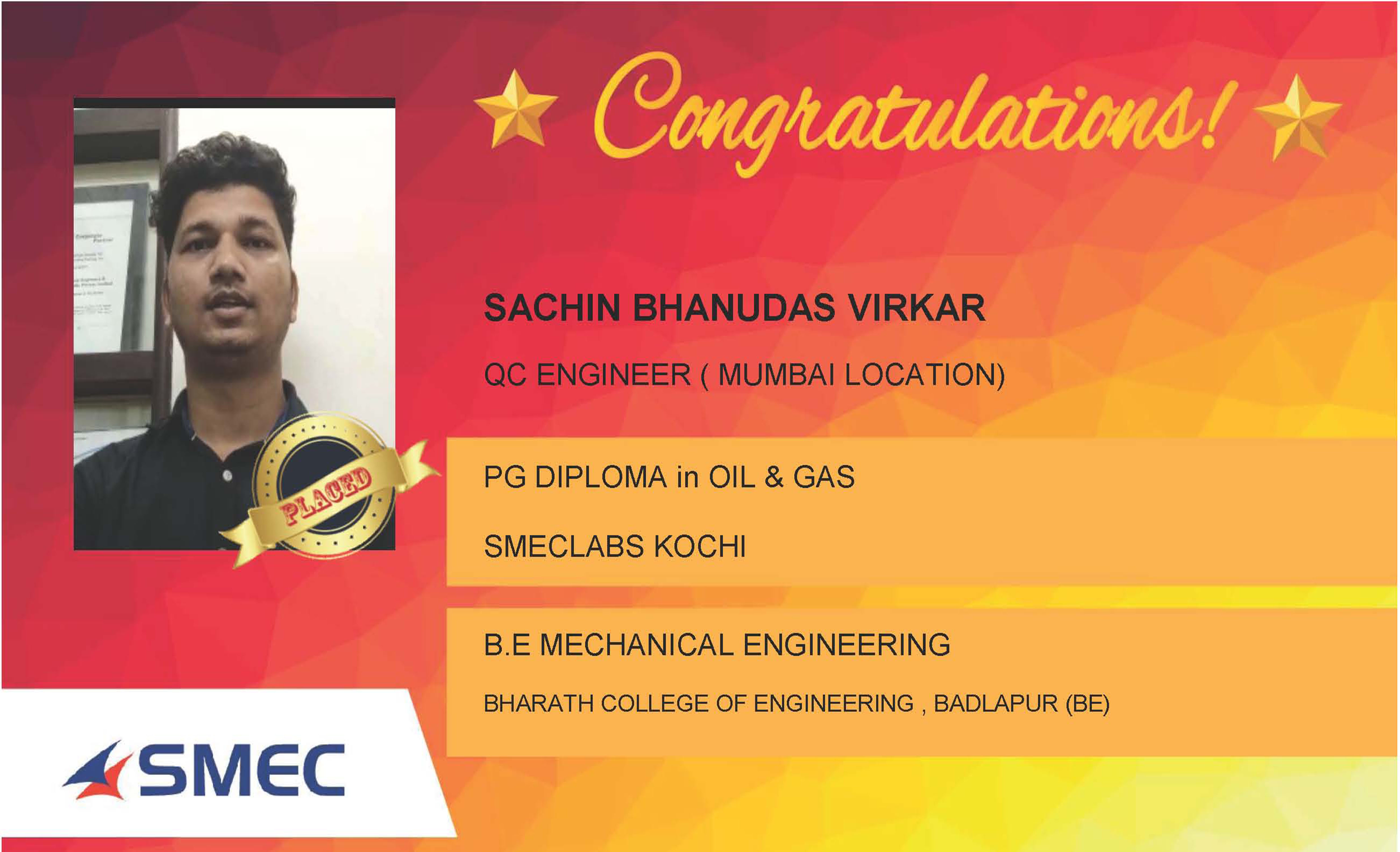 Sachin Bhanudas Virkar Placed Successfully QC Engineer