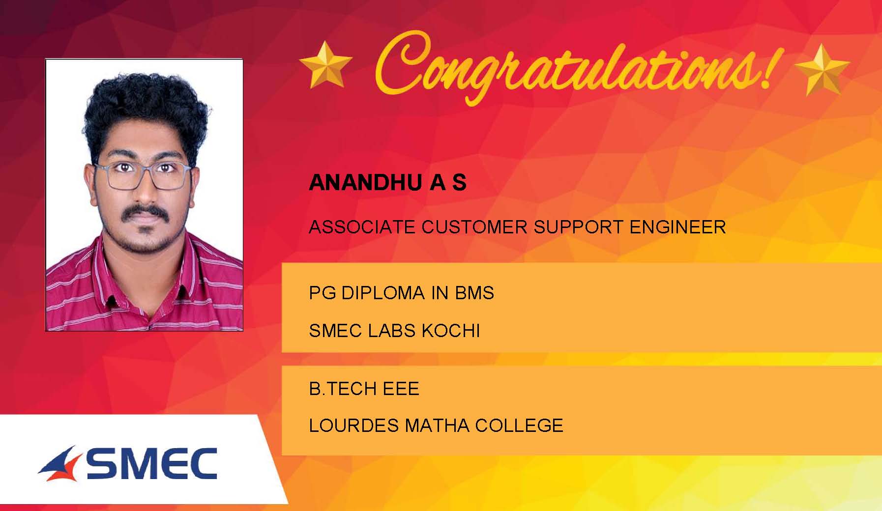 Anandhu A S Placed Successfully Associate Customer Support Engineer