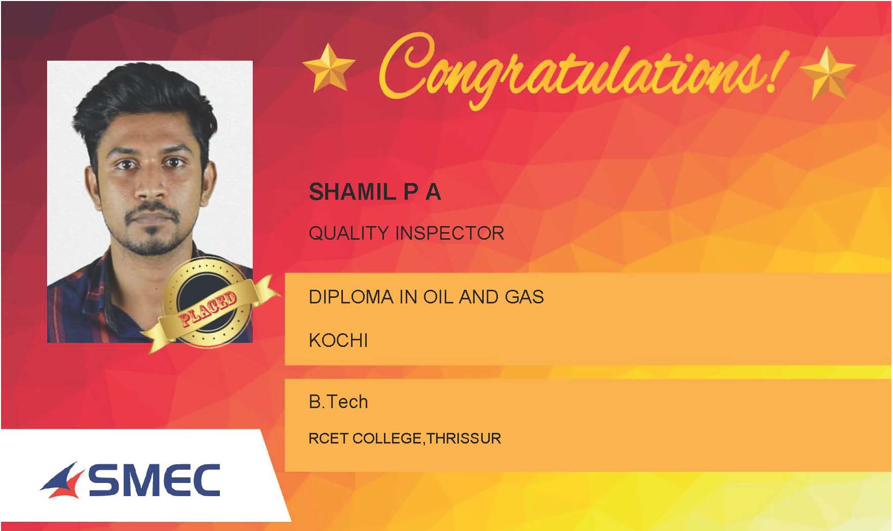 Shamil P A Placed Successfully Quality Inspector