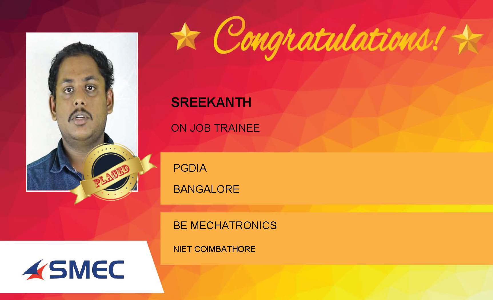 Sreekanth Placed Successfully On Job Trainee