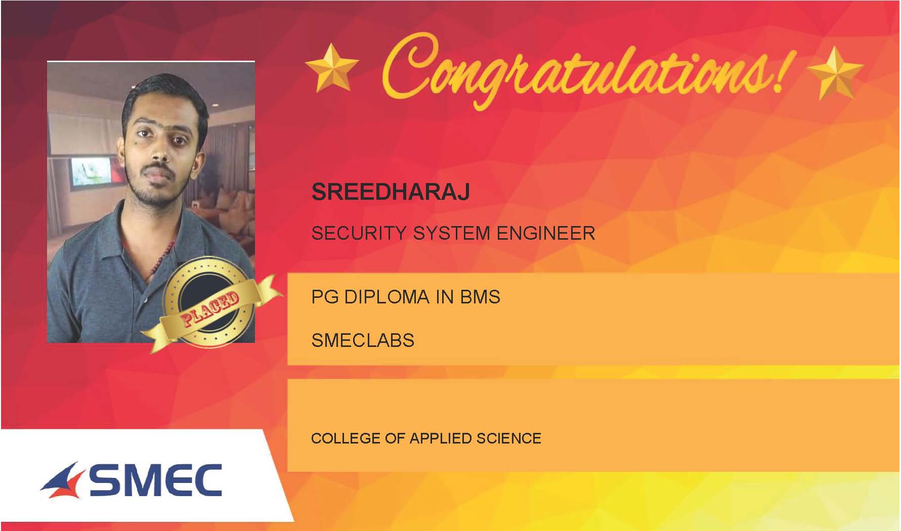 Sreedharaj Placed Successfully Security System Engineer