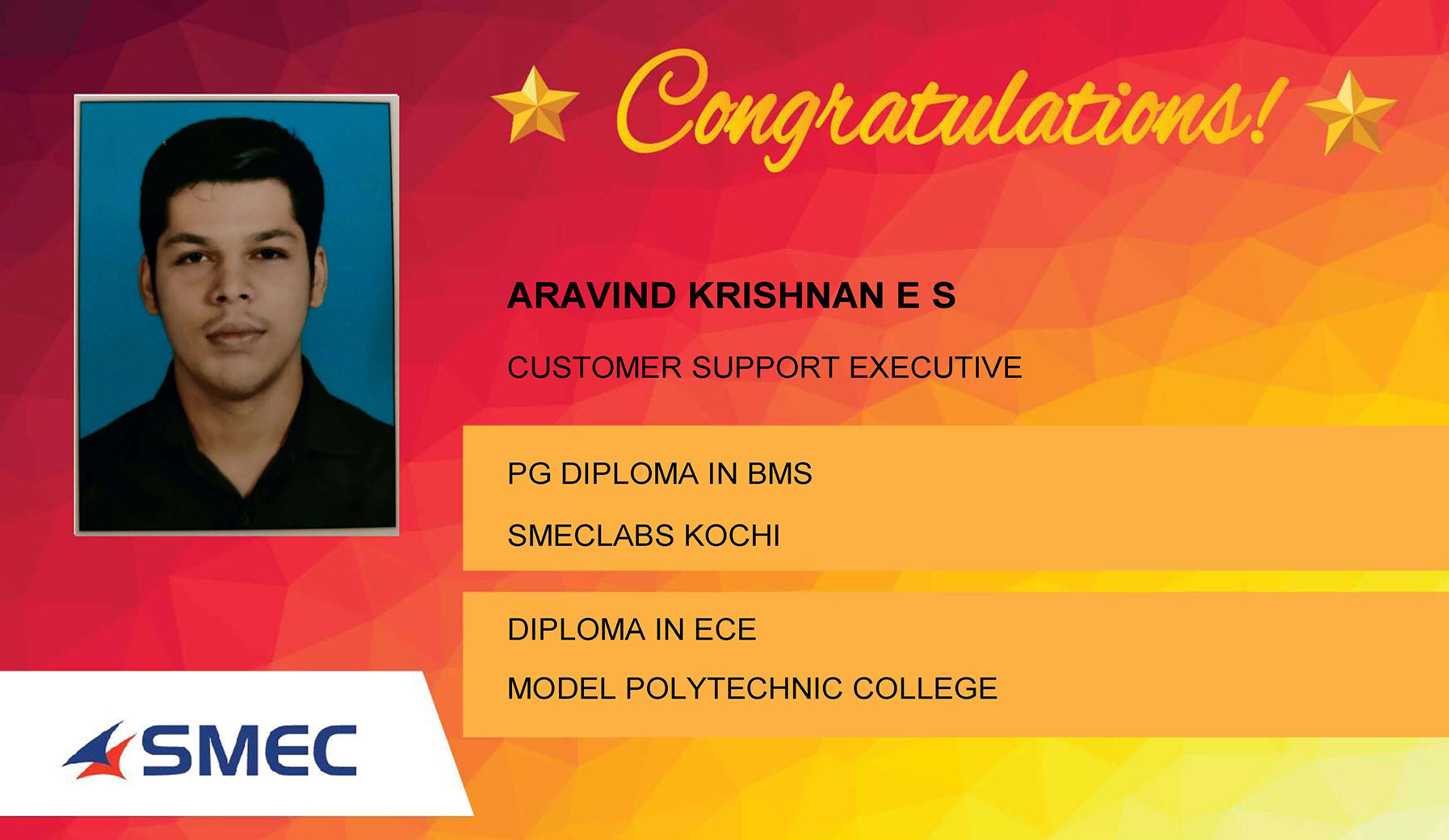 Aravind Krishnan E S Placed Successfully Customer Support Executive