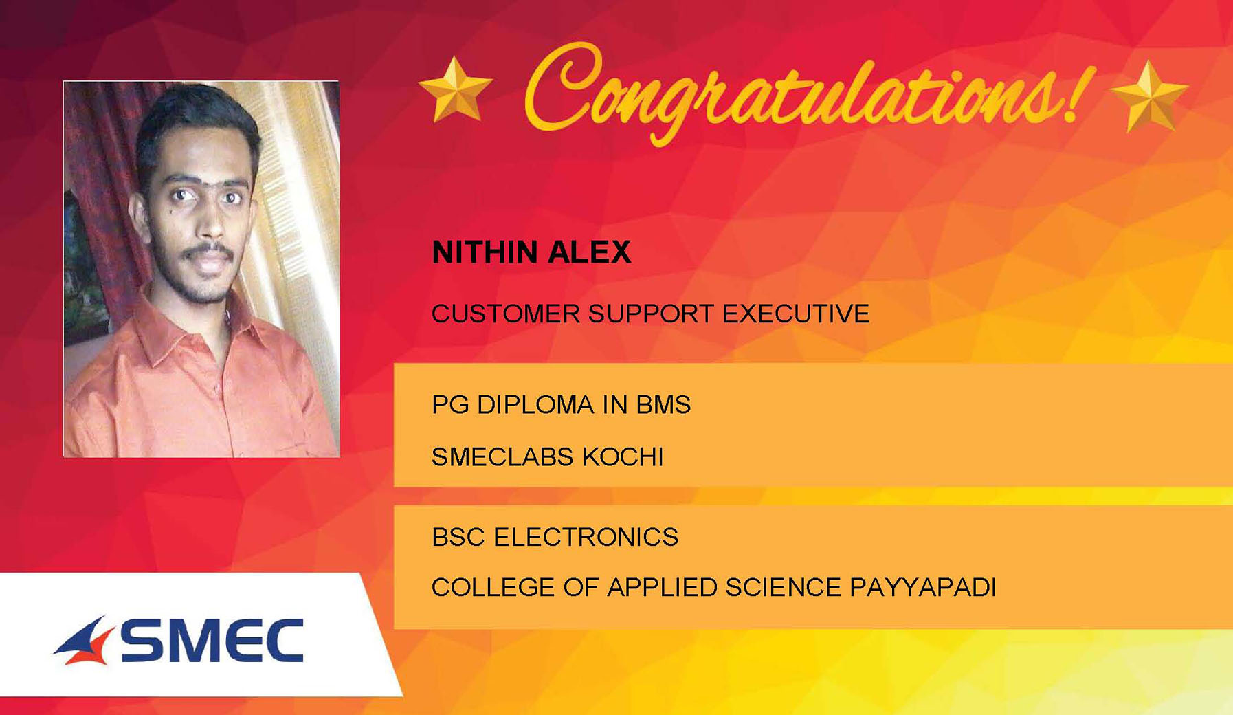 Nithin Alex Placed Successfully Customer Support Executive