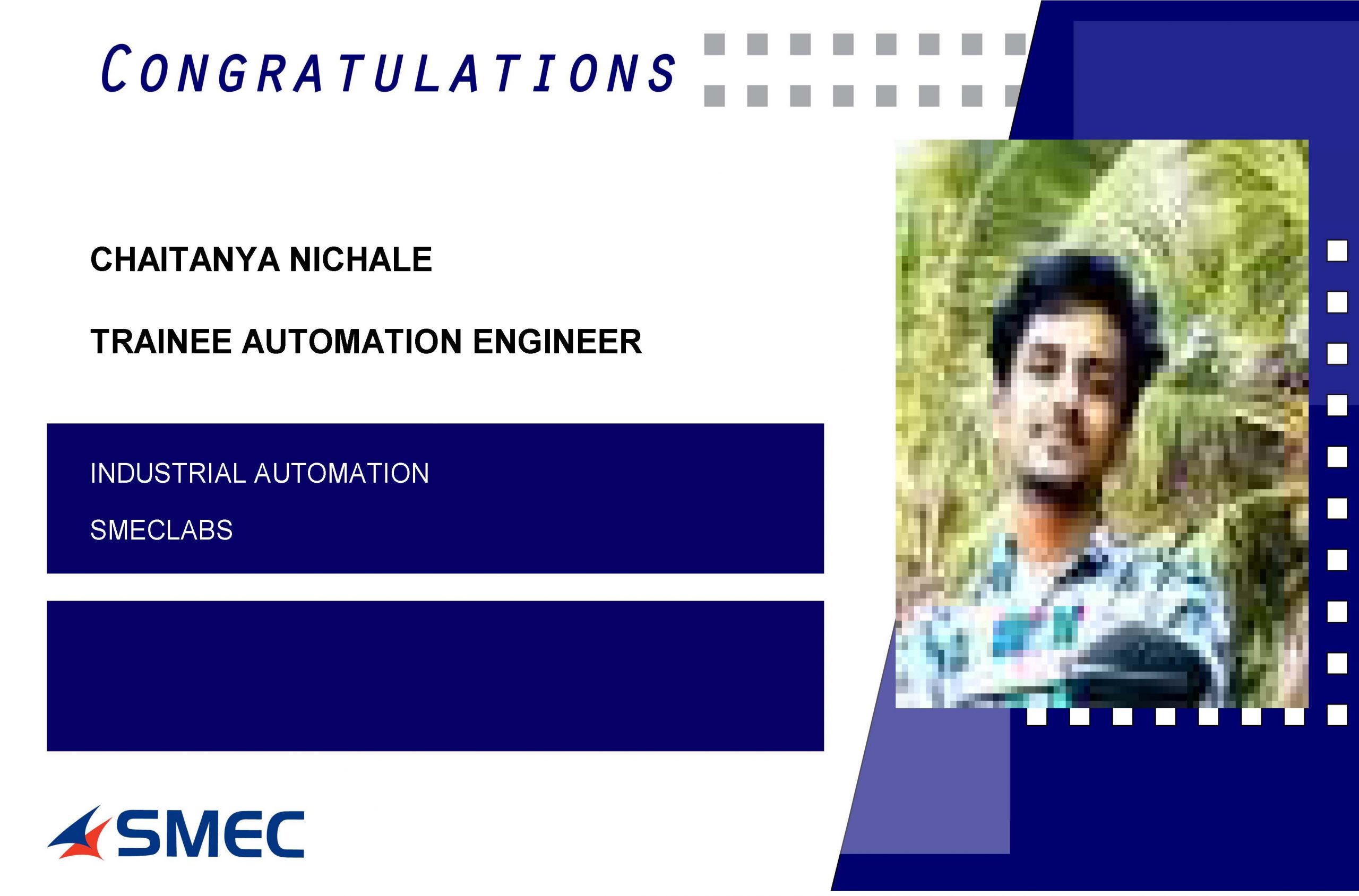 Chaitanya Nichale Placed Successfully as Trainee Automation Engineer