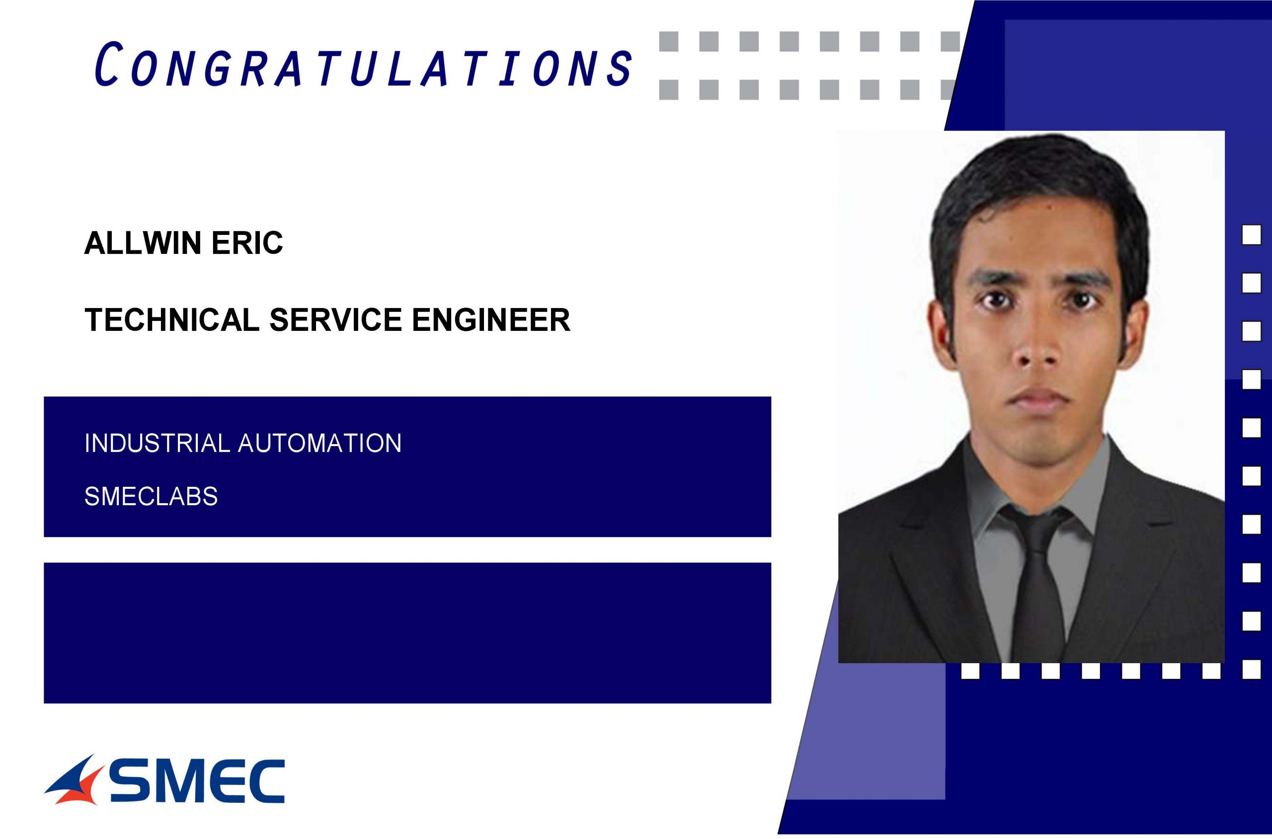 Allwin Eric Placed Successfully as Technical Service Engineer