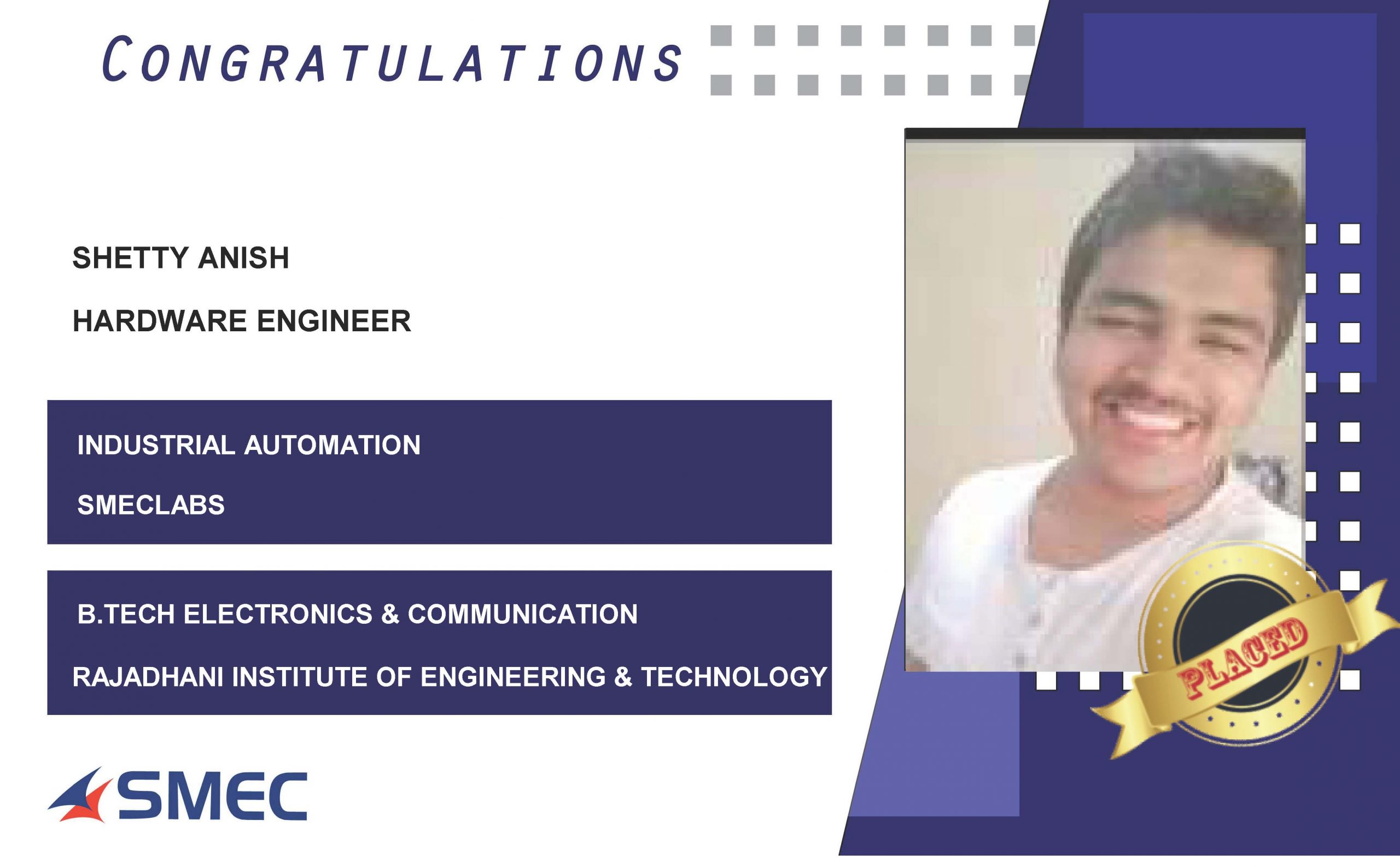 Shetty Anish Placed Successfully as Hardware Engineer