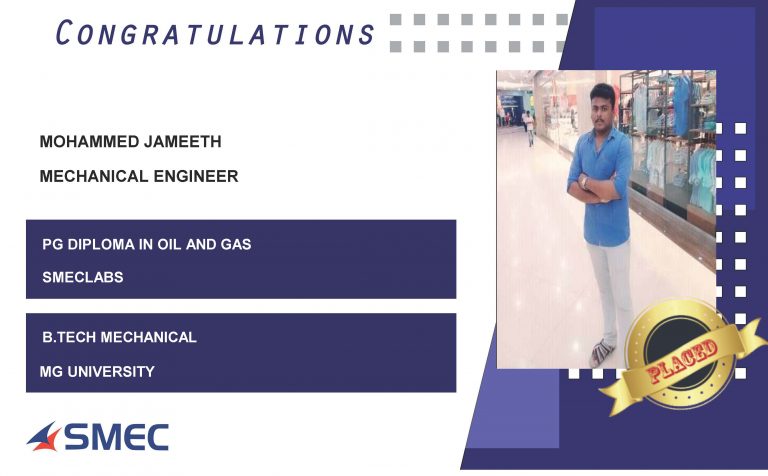Mohammed Jameeth Placed as Mechanical Engineer at SMEC