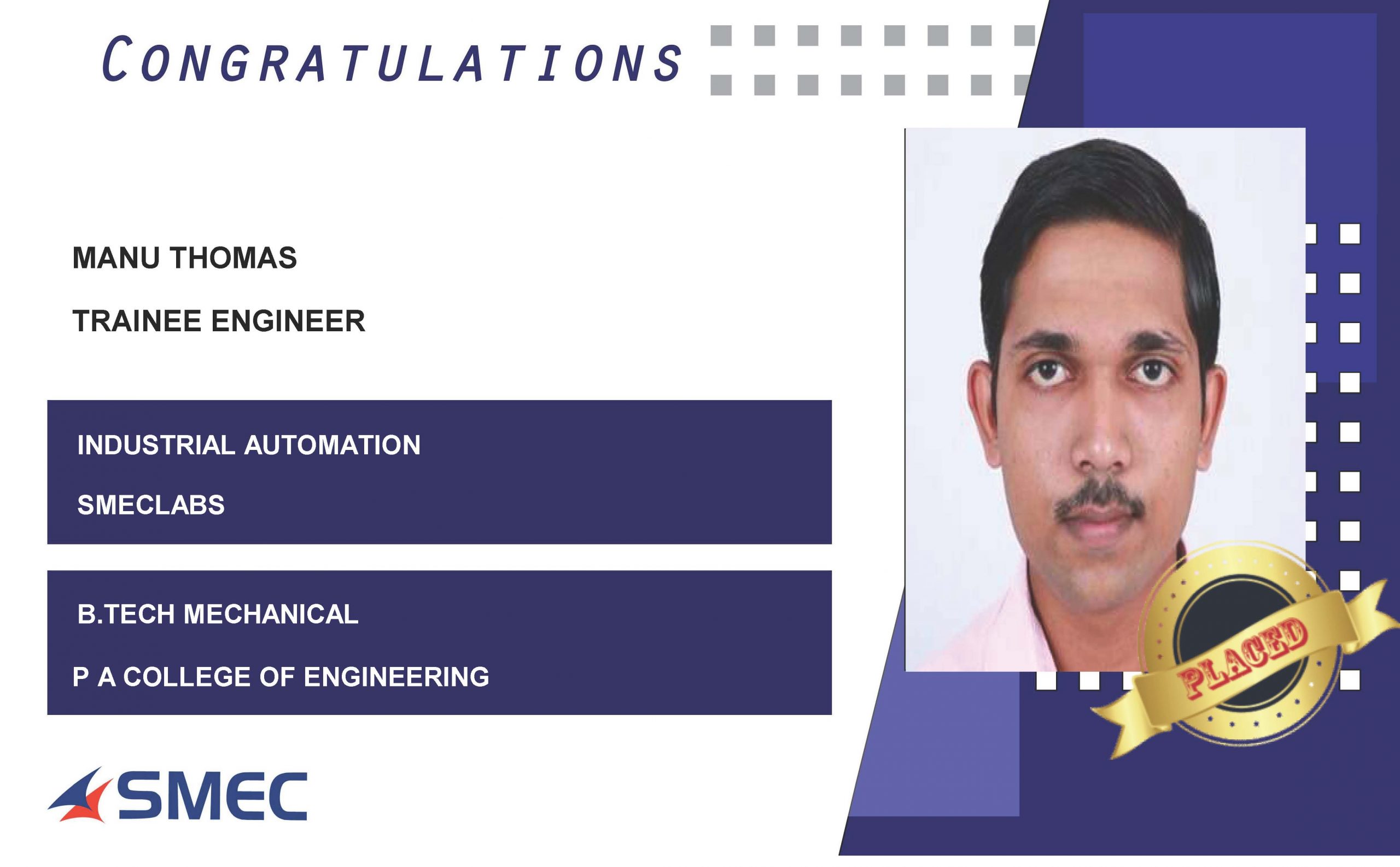 Manu Thomas Placed at Trainee engineer SMEC