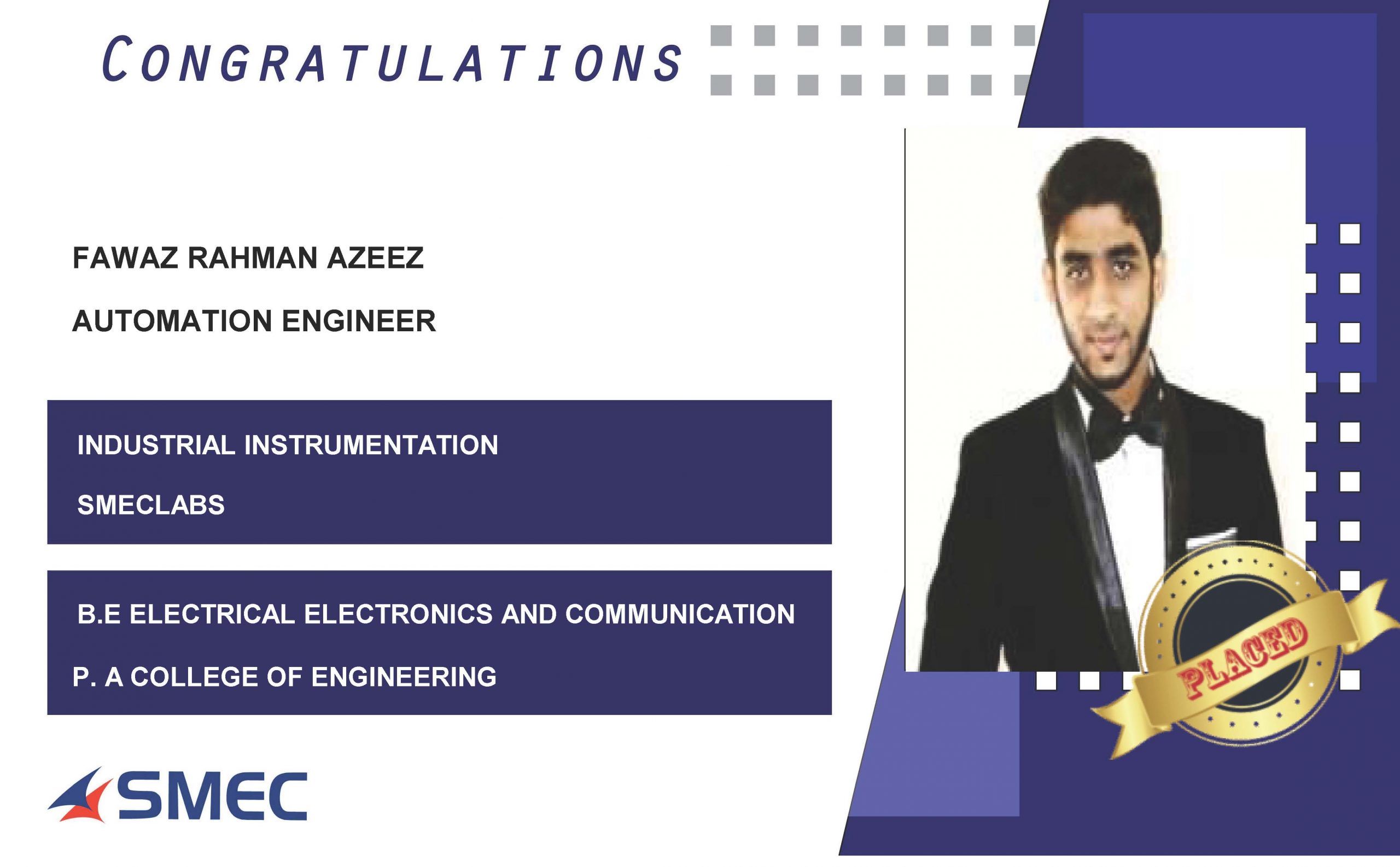 Fawaz Rahman Azeez Placed Successfully as Automation Engineer