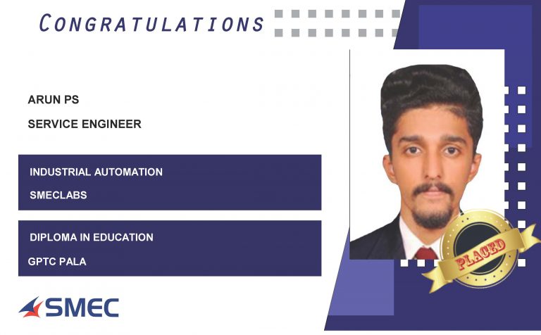 Arun PS Placed Successfully as Service Engineer