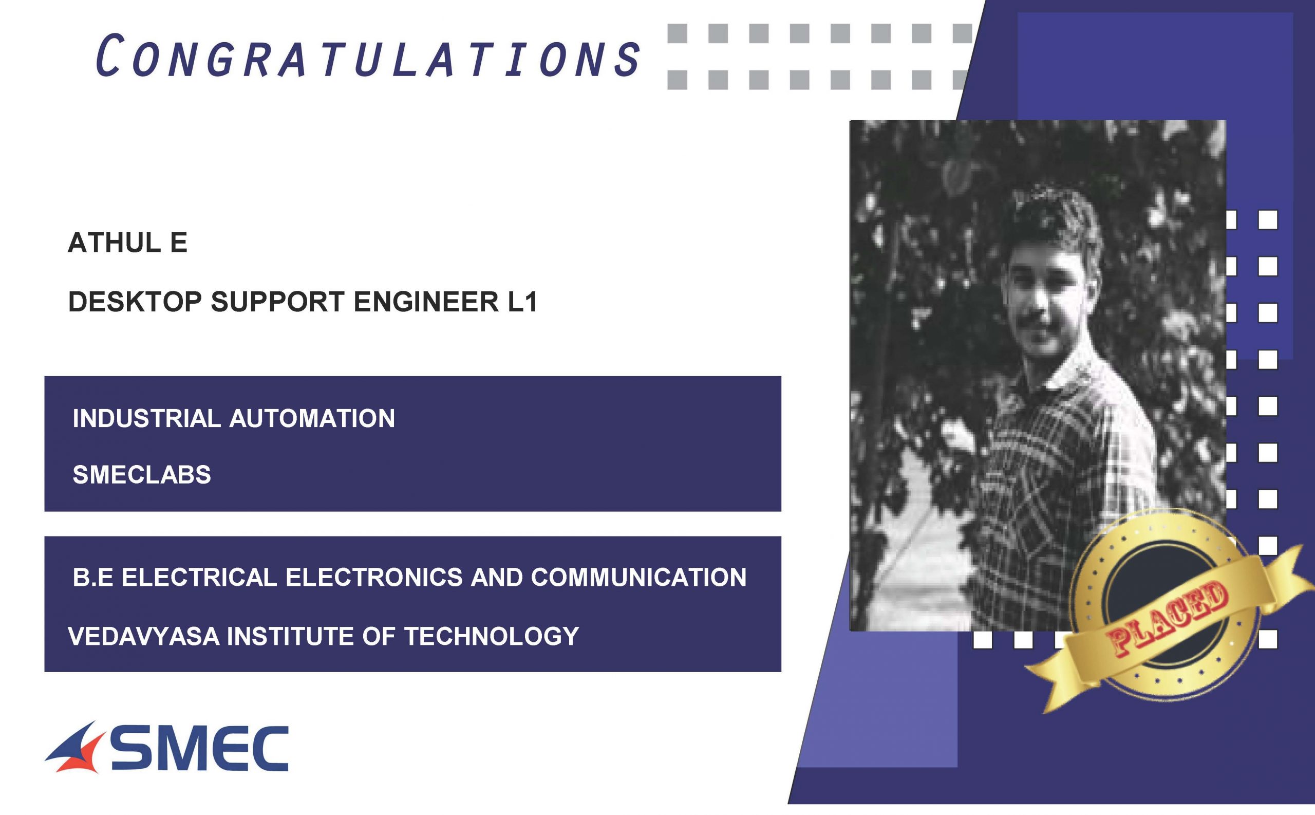 Athul E Placed Successfully as Desktop Support Engineer L1