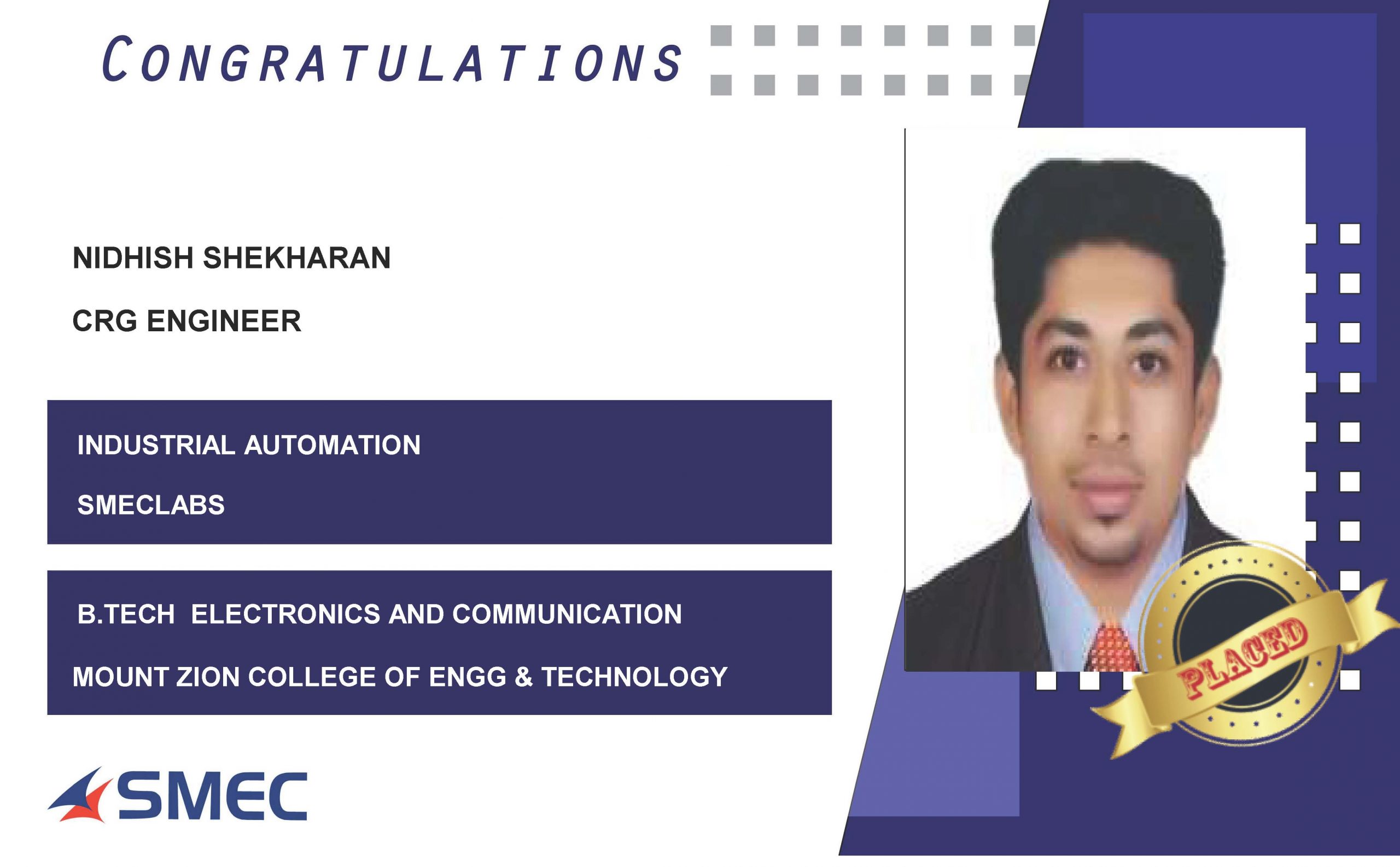 Nidhish Shekharan Placed Successfully as CRG Engineer
