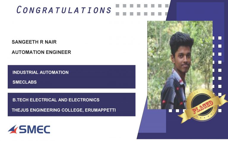 Sangeeth R Nair Placed Successfully as Automation Engineer