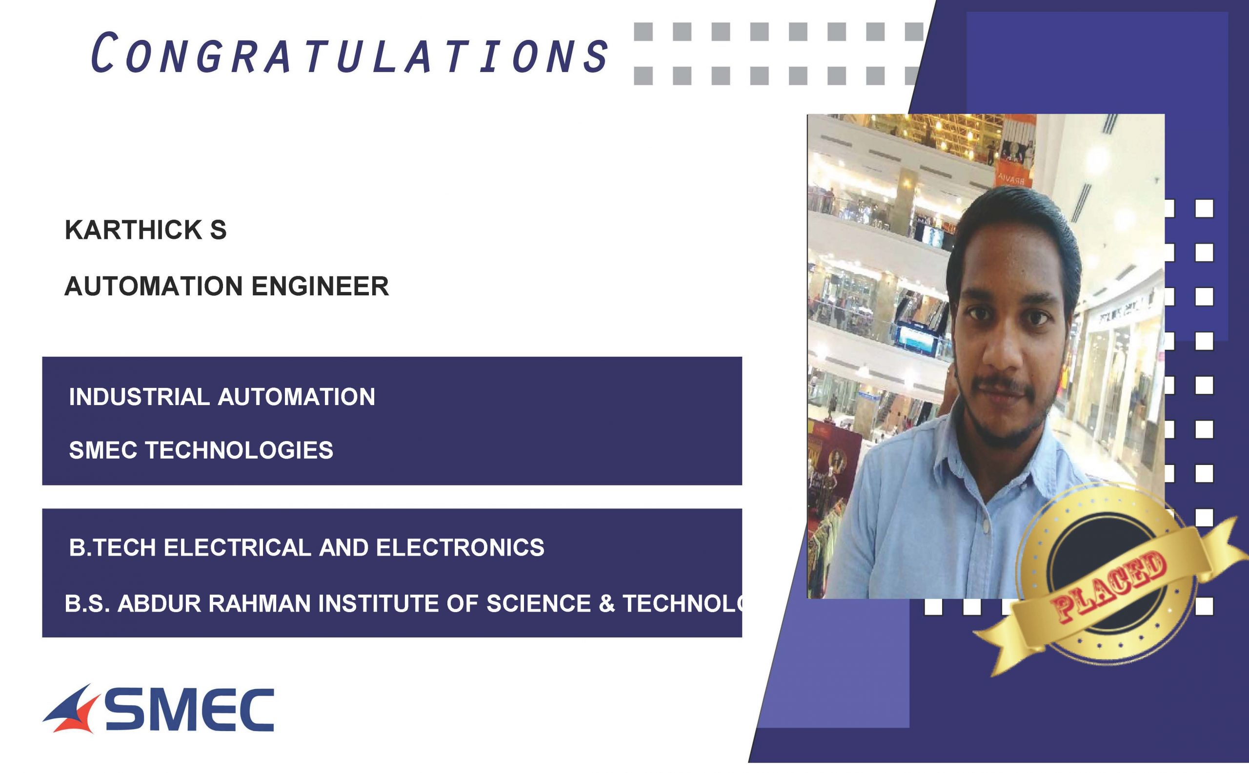 Karthick S Placed Successfully as Automation Engineer
