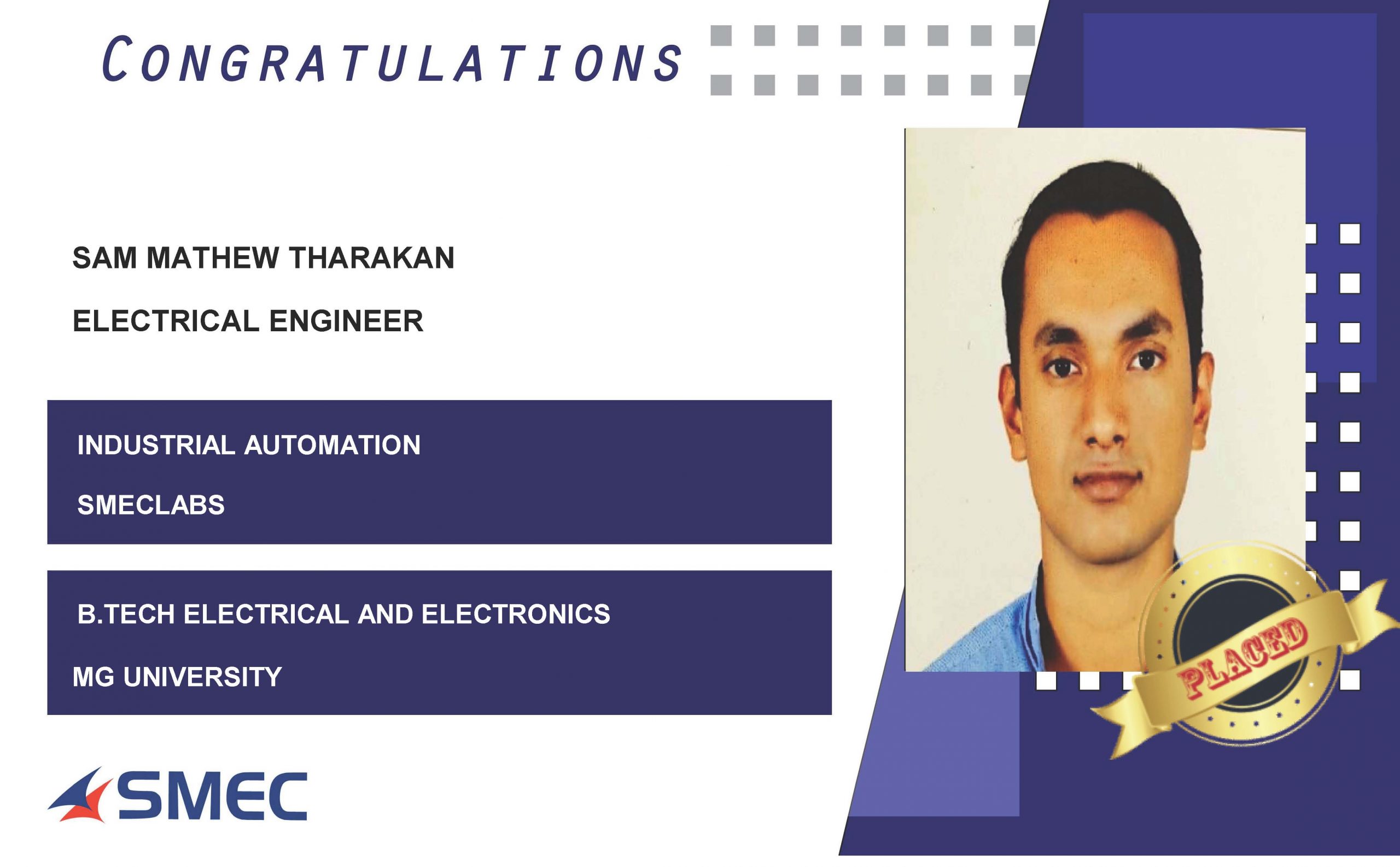 Sam Mathew Tharakan Placed Successfully as Electrical Engineer