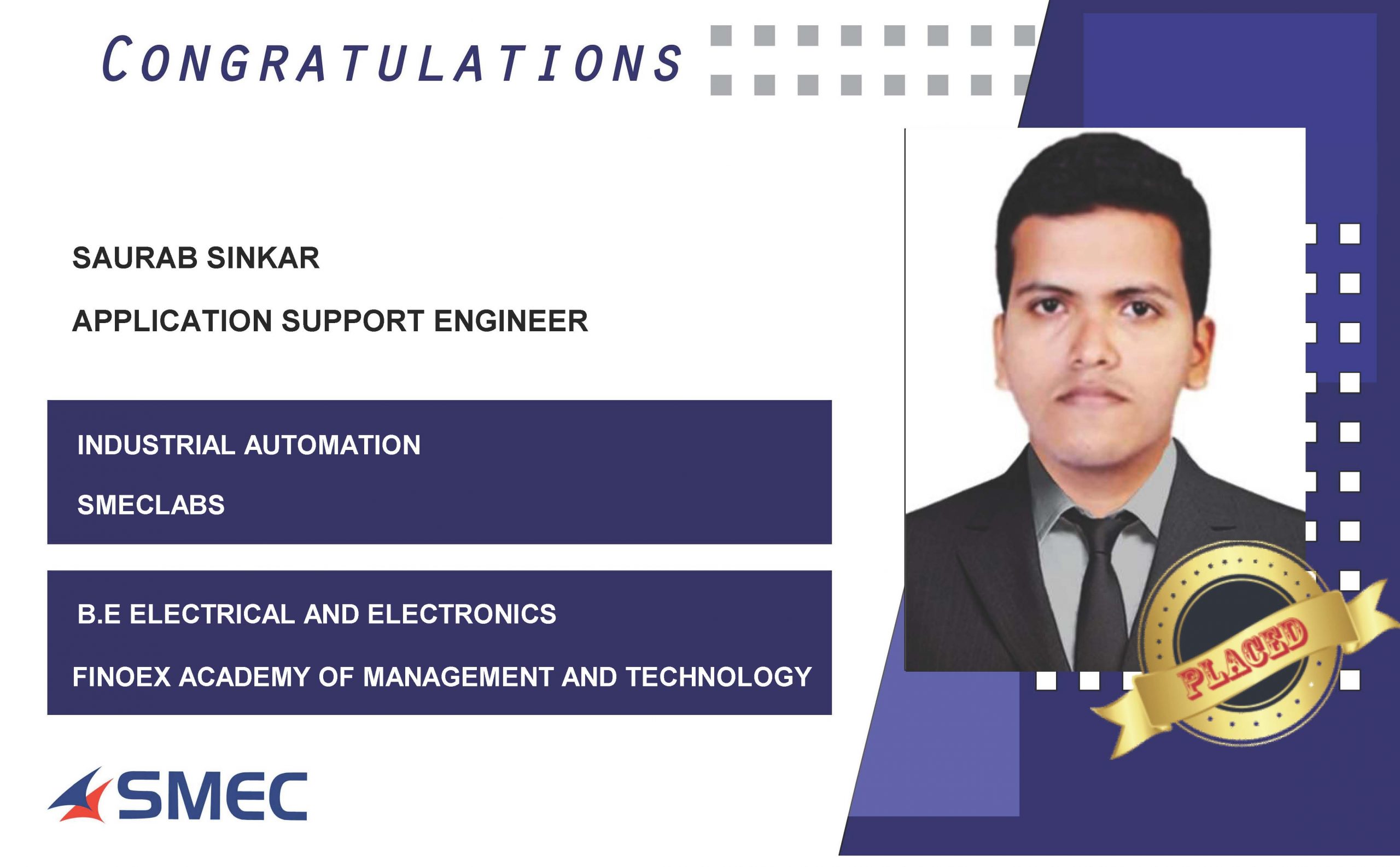 Saurab Sinkar Placed Successfully as Application Support Engineer