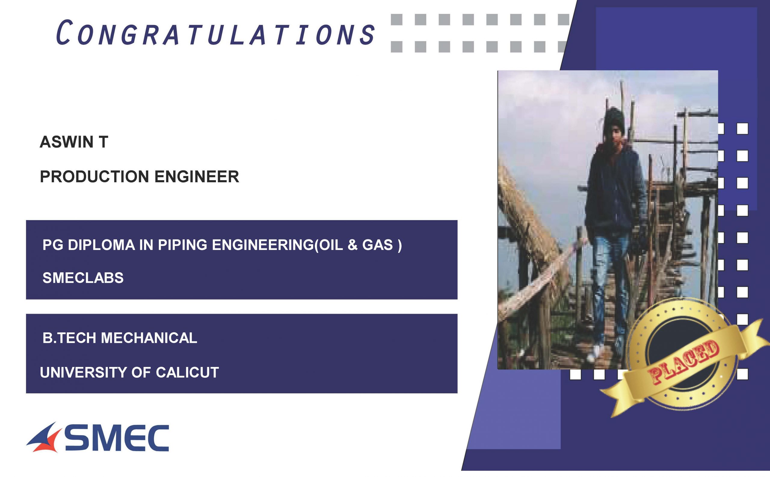 Ashwin T Placed Successfully as Production Engineer
