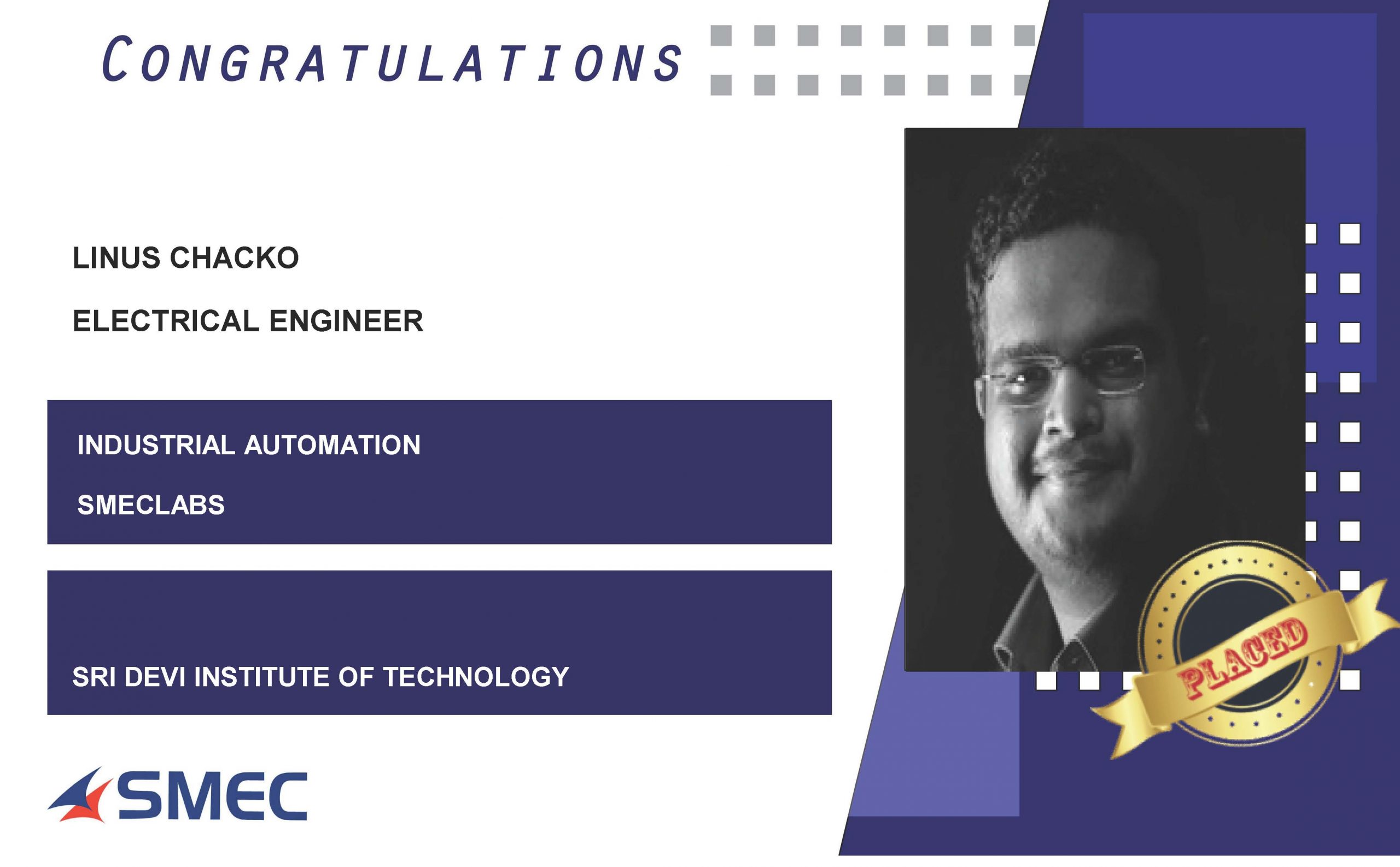 Linus Chacko Placed Successfully as Electrical Engineer