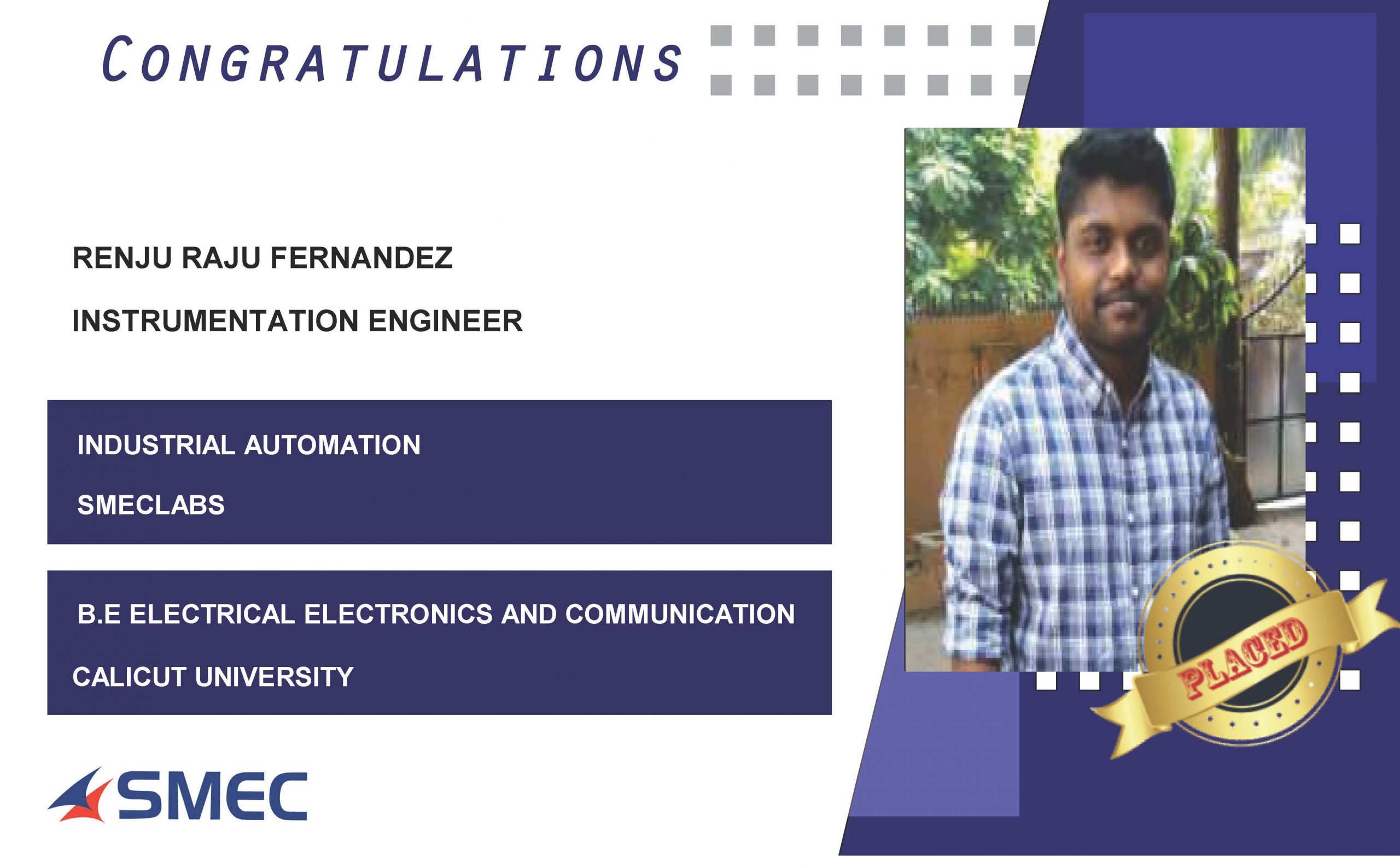 Renju Raju Placed Successfully as Instrumentation Engineer