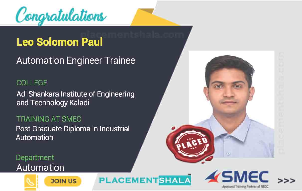 leo solomon paul successfully placed as Automation Engineer Trainee by smeclabs