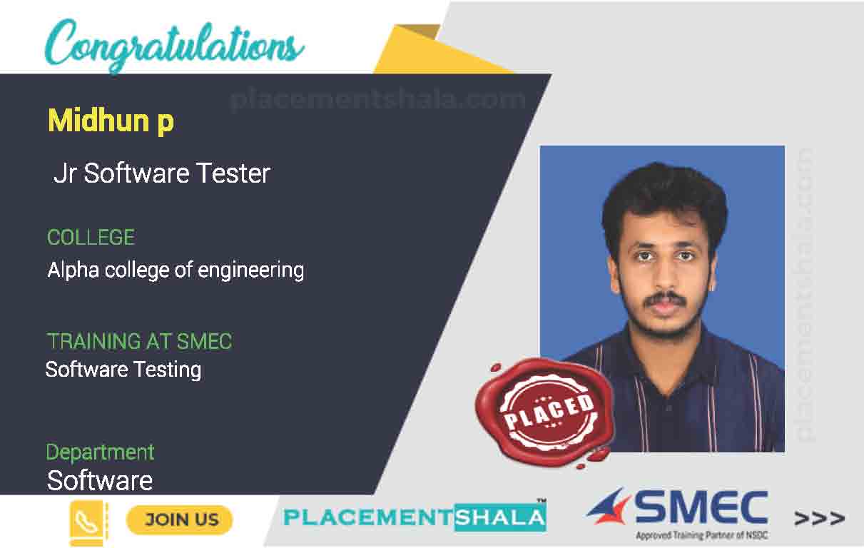 midhun P placed as software tester by smeclabs