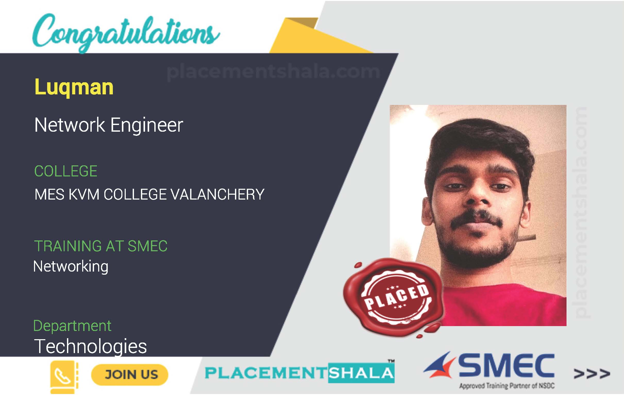 Network Engineer job placed by SMEClabs, candidate from MES KVM COLLEGE VALANCHERY completing the networking course at smeclabs