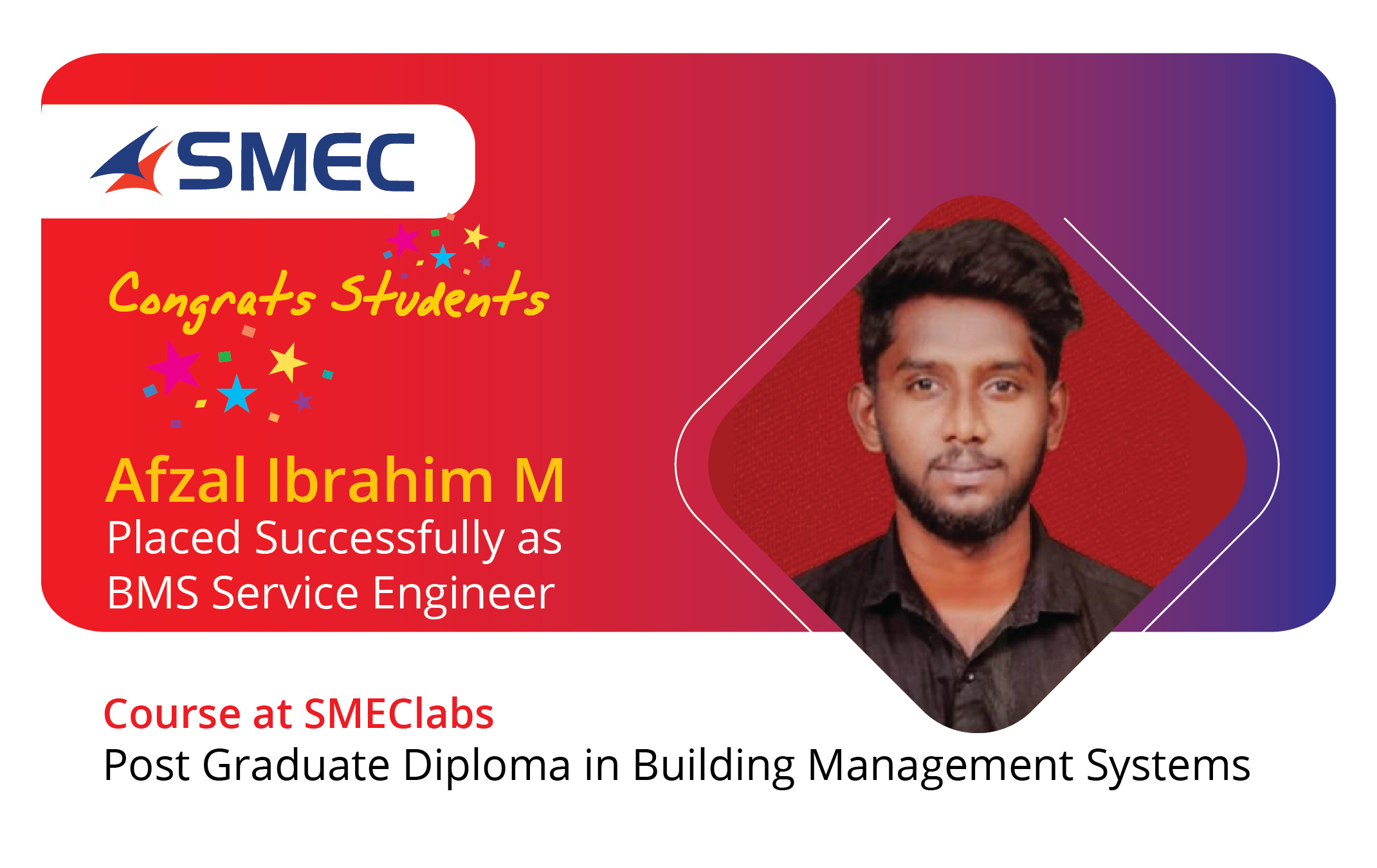 Afzal Ibrahim M placed successfully as BMS Service Engineer Congrats Afzal Ibrahim M To Join our Building Management systems please Click : https://www.smeclabs.com/bms-course/ #SMEC #SMEClabs #SMECJobs